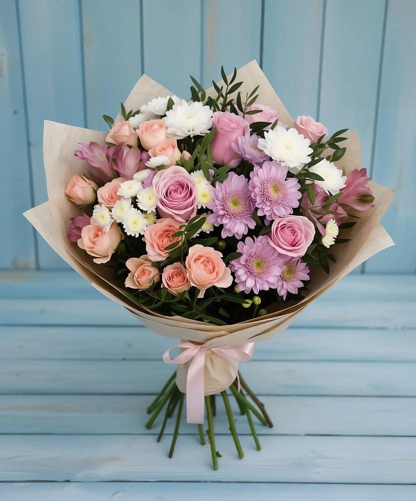 Букет цветов из: Хризантемы, Розы и Альстромерии в Золотаревке Ставропольского края