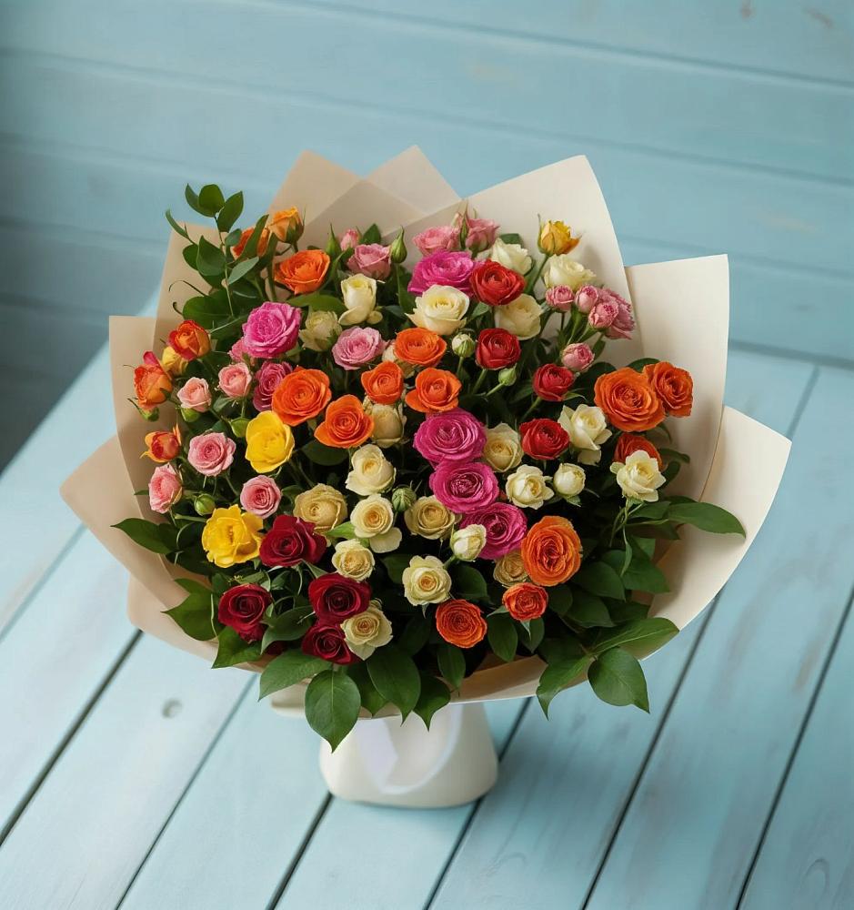 Букет Микс из разноцветных кустовых роз в Золотаревке Ставропольского края
