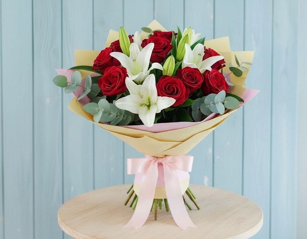 Букет цветов из: Лилии и Розы в Золотаревке Ставропольского края